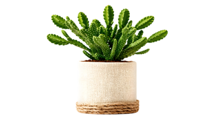 Green cactus plant in a textured pot sits on a dark background.