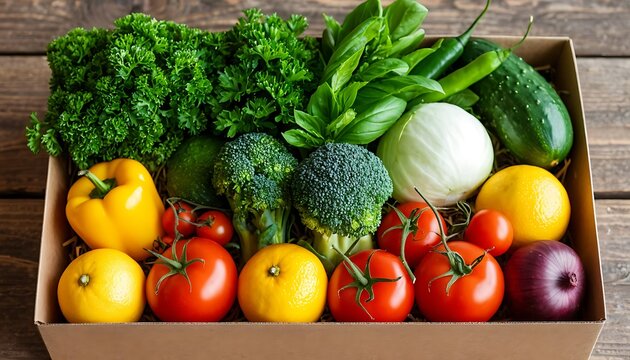 Assorted fresh organic vegetables and fruits packed in a cardboard box, symbolizing healthy eating and food delivery - Powered by Adobe