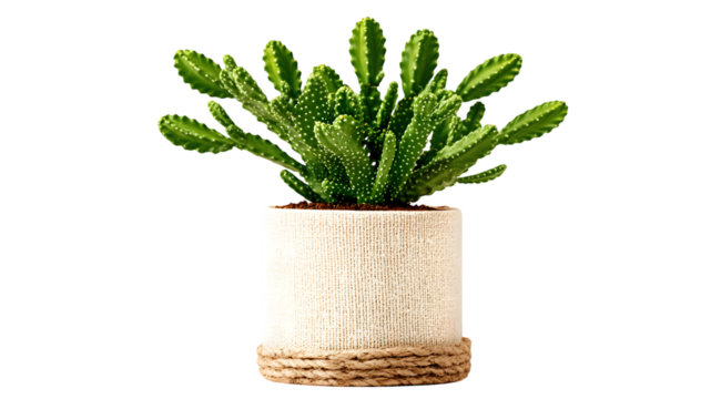Green cactus plant in a textured pot sits on a dark background.