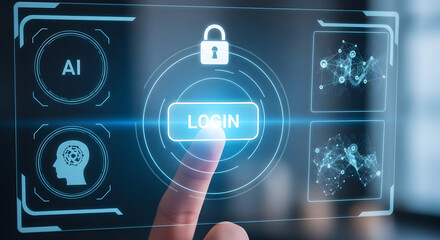 Finger pressing a glowing login button on a futuristic digital interface with AI and network icons.