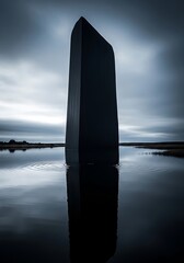 Monolith in Still Water - A Mysterious Reflection Under a Cloudy Sky.