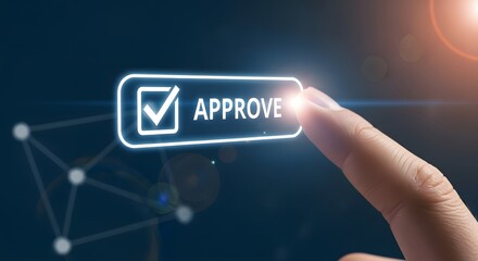Finger pressing the approve button on a digital interface with a checkmark.