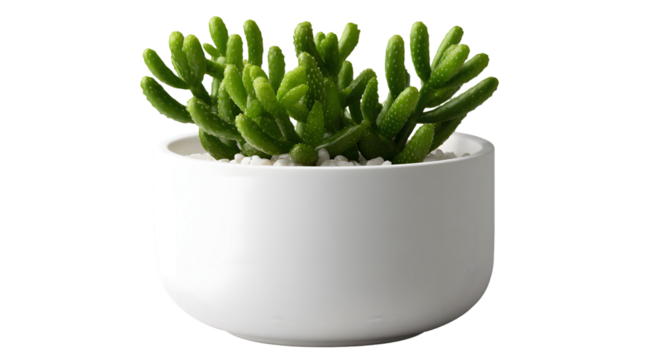 Green succulent plant in a white modern pot on a black background.