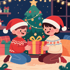 Siblings Exchange Christmas Gifts Illustrator Artwork Banner Background Design Template 