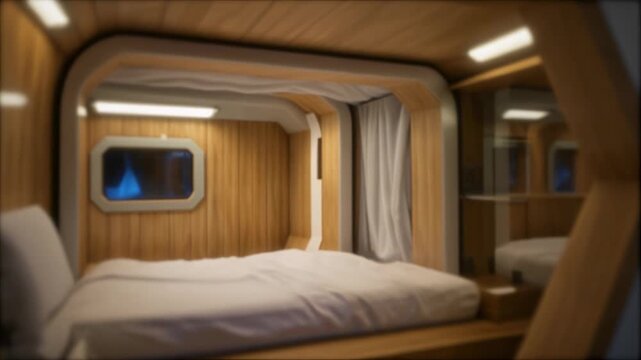 Modern minimalist bedroom with wood paneling and a small window, featuring a comfortable bed in a compact space.