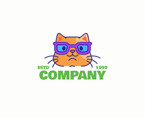 Cool orange cat mascot wearing bold purple sunglasses, styled as a modern and friendly company logo vector illustration for business branding, merchandise, labels
