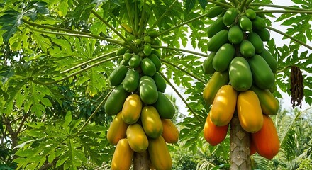 Papaya Trees Laden with Fruit - A Tropical Harvest.