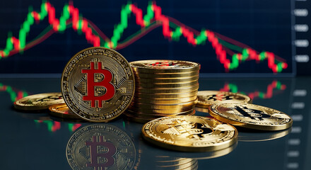 Stack of golden bitcoin cryptocurrency coins with a stock chart in the background