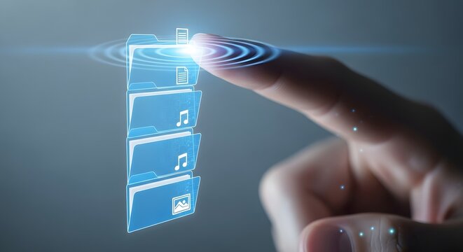 Finger Touching Holographic Digital Interface with File Icons.
