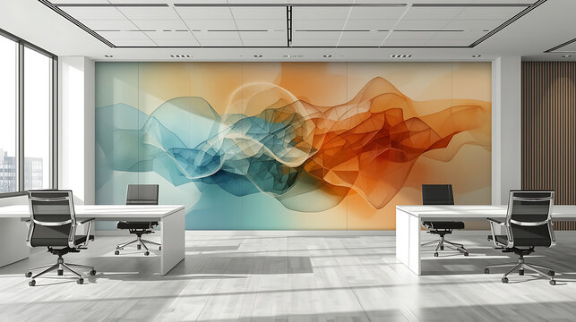 modern office space with abstract mural ergonomic desks and natural lighting for creative work - Powered by Adobe