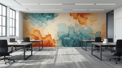 modern office space with abstract mural ergonomic desks and natural lighting for creative work