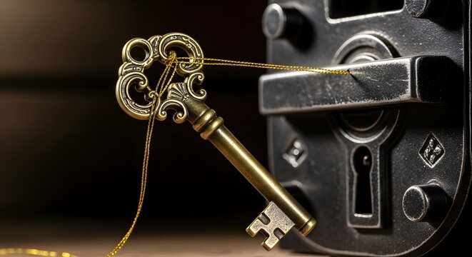Close-up of an antique brass key inserted into a vintage lock mechanism, emphasizing the intricate design and craftsmanship of traditional security devices