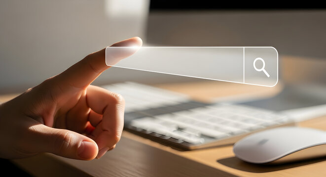 Fingertip touching a search bar on a computer screen, symbolizing online search and digital information access.