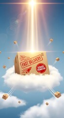 A package labeled 'Fast Delivery' flying through the sky with clouds and a bright sunbeam shining down, symbolizing quick and efficient shipping services