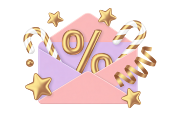 pink and purple envelope with golden percentage sign stars and ribbons symbolizing sale offer discount message