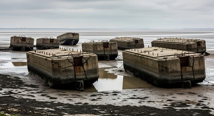 Fototapeta premium Mulberry Harbour Remains - Concrete Caissons on Arromanches Beach, Normandy.