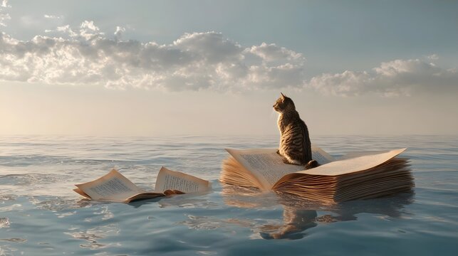 A cat sits on an open floating book in the middle of a calm sea.
