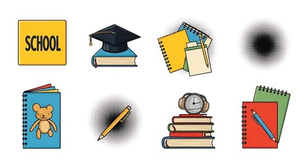 School Supplies and Education Elements Illustration on White Background.