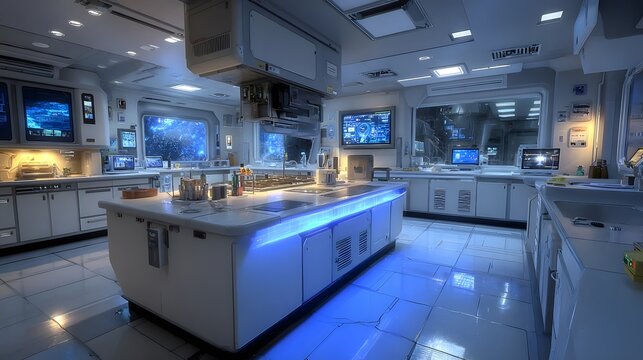A modern science laboratory bathed in blue light, featuring white workbenches with blue LED accents and multiple monitors.