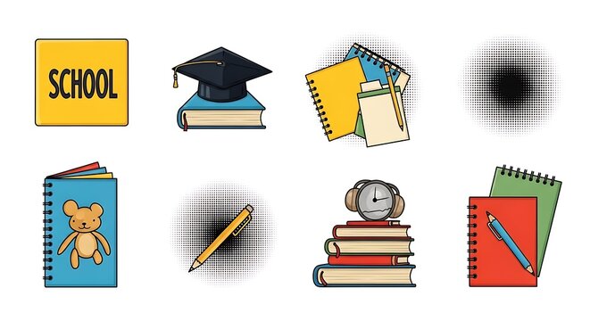 School Supplies and Education Elements Illustration on White Background.