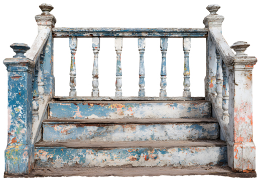 Aged wooden staircase features peeling blue paint and weathered texture.