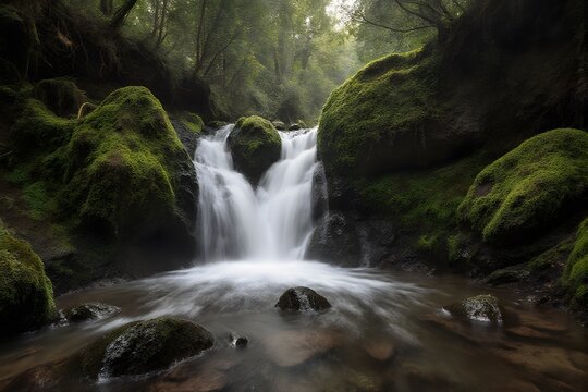 A waterfall cascading over moss-covered rocks in a tranquil forest.