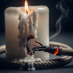 A close-up of a burning candle with melted wax dripping down and a lit fuse, creating a dramatic and intense atmosphere with smoke rising in the background