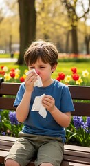 Boy with allergies blowing his nose on a park bench in spring.