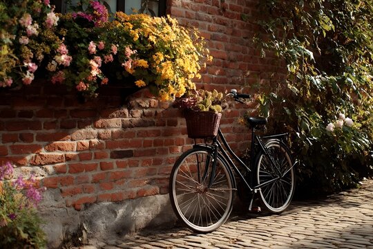 A black bicycle with a front basket leans against a brick wall beside colorful flowering plants. - Powered by Adobe