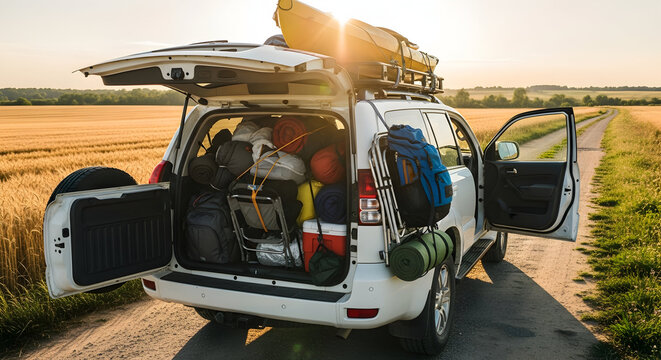 Fully Packed SUV Ready for Adventure in a Golden Field.