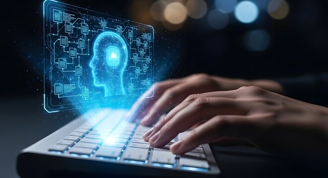 Futuristic AI Brain Interface on Laptop Keyboard with Human Hands Typing. - Powered by Adobe