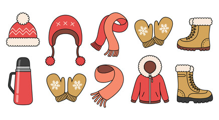 Winter clothing and cozy accessory collection in vector format, including jackets, hats, scarves, gloves, and boots. Suitable for seasonal fashion graphics