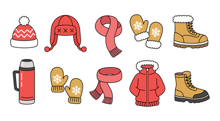 Winter clothing collection featuring cozy apparel and accessories, including jackets, scarves, hats, gloves, and boots. Perfect for cold weather fashion, seasonal illustrations, and lifestyle vector g