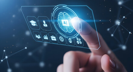 Futuristic AI Interface with Brain Icon and Icons of Education and Business.
