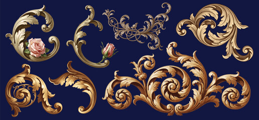 Luxurious baroque floral ornaments with gold acanthus scrolls and pink roses on dark blue background, elegant design. © bow