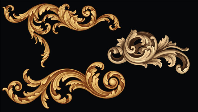 Luxurious baroque floral ornaments with gold acanthus scrolls and pink roses on dark blue background, elegant design.