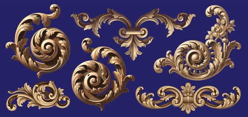 Luxurious baroque floral ornaments with gold acanthus scrolls and pink roses on dark blue background, elegant design. © bow