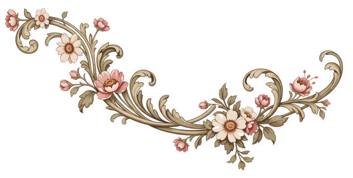 Elegant baroque floral elements featuring detailed roses, swirling acanthus ornaments, and vintage botanical styling in rich colors.