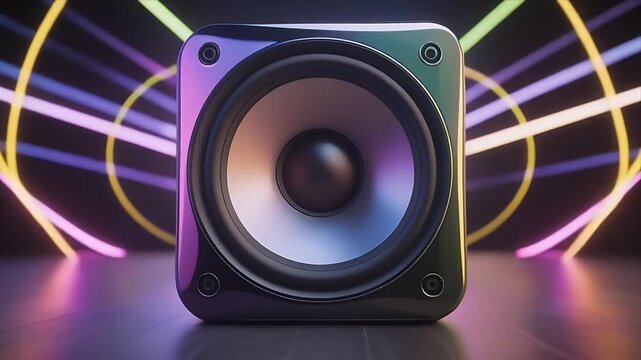 Dynamic Speaker with Vibrant Neon Light Trails in a Dark Studio.