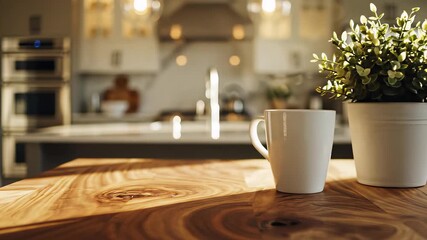 A serene kitchen setting featuring two white cups on a wooden table next to a lush potted plant, blurred interior providing a cozy atmosphere reminiscent of quiet morning moments or relaxing.