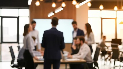 Collaborative meeting room discussion in a blurred office setting, highlighting teamwork and innovative problem solving concepts perfect for representing quick business decisions and modern.