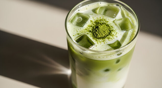 Iced matcha latte with milk, ice cubes, and a sprinkle of matcha powder on top, in a tall glass.