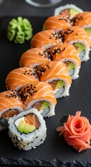 Delicious Salmon Sushi Rolls with Avocado and Wasabi on Slate Plate.