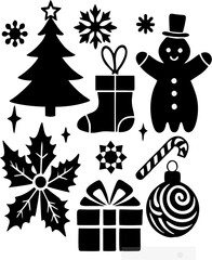 Set of Christmas Icons in Black Silhouette Style