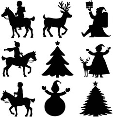 Set of Christmas Icons in Black Silhouette Style
