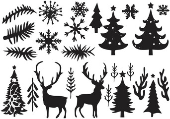 Set of Christmas Icons in Black Silhouette Style