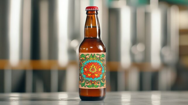 Colorful Beer Bottle with Artistic Label Surrounded by Brewing Equipment in Modern Brewery Setting