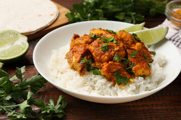Chicken tikka masala with rice served on wooden table, closeup