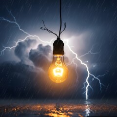 A light bulb hanging from a wire illuminated amidst a dramatic thunderstorm with lightning strikes in the background