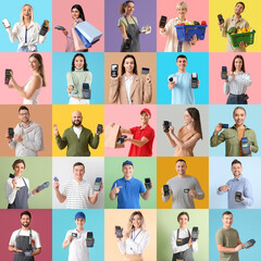 Group of cashiers with payment terminals on color background